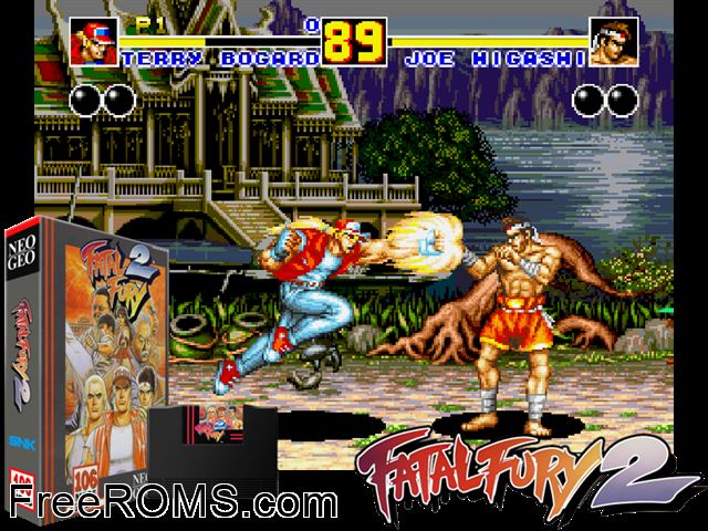 Fatal Fury 2 / Garou Densetsu 2 - arata-naru tatakai MAME game showing 3D box cover and gameplay screenshot