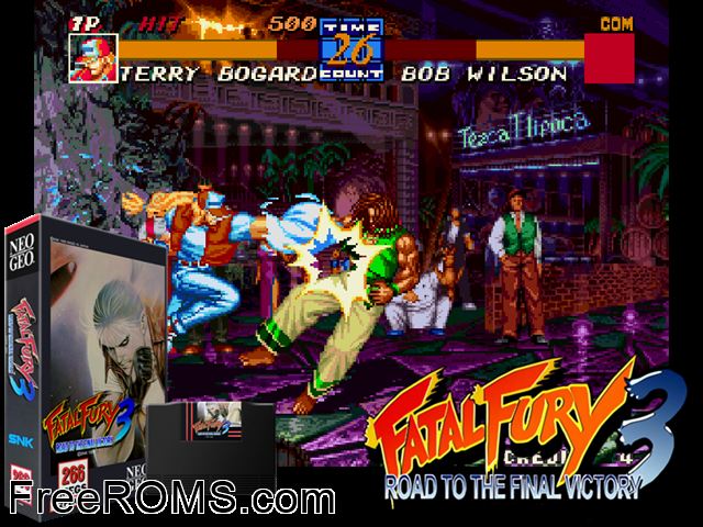 Fatal Fury 3 - Road to the Final Victory / Garou Densetsu 3 - haruka-naru tatakai MAME game showing 3D box cover and gameplay screenshot