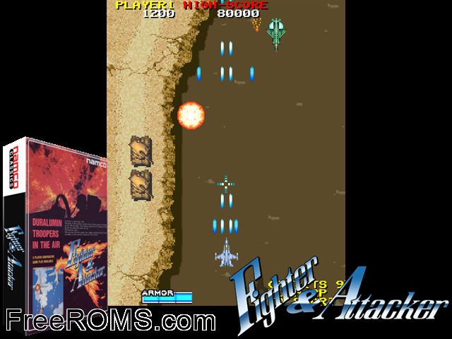 Fighter and Attacker (US) MAME game showing 3D box cover and gameplay screenshot