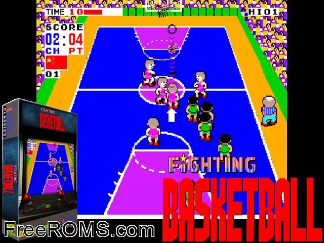 Fighting Basketball MAME game showing 3D box cover and gameplay screenshot