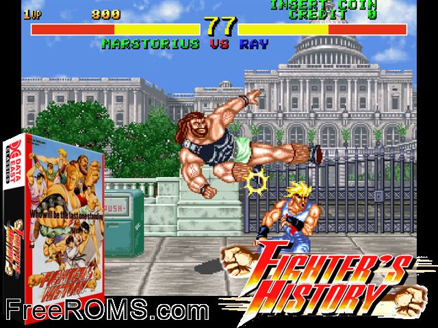 Fighter's History (World ver 43-07) MAME game showing 3D box cover and gameplay screenshot