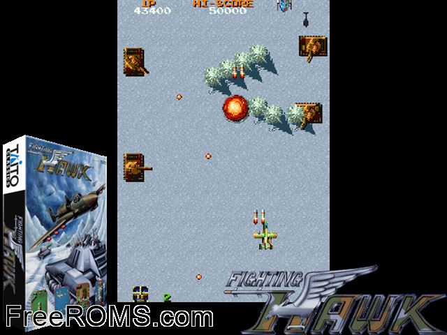 Fighting Hawk (World) MAME game showing 3D box cover and gameplay screenshot