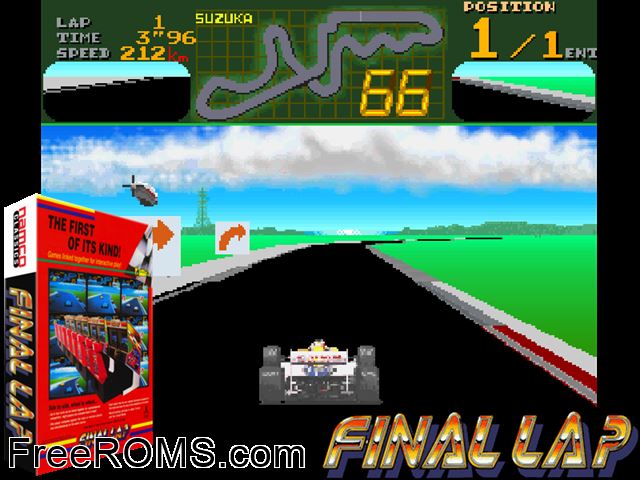 Final Lap (Rev D) MAME game showing 3D box cover and gameplay screenshot