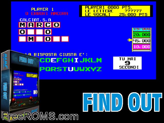Find Out (Version 4.04) MAME game showing 3D box cover and gameplay screenshot
