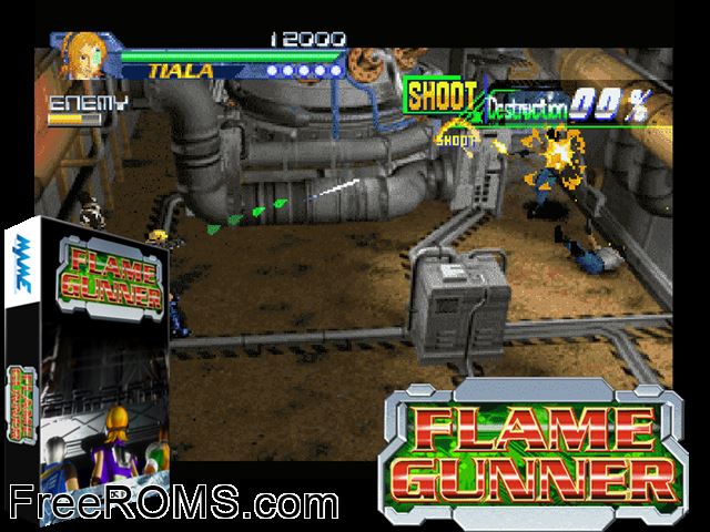 Flame Gunner MAME game showing 3D box cover and gameplay screenshot