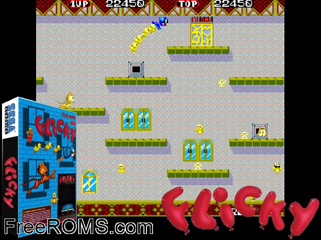 Flicky (64k Ver.) MAME game showing 3D box cover and gameplay screenshot