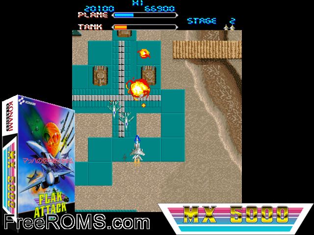 Flak Attack (Japan) MAME game showing 3D box cover and gameplay screenshot