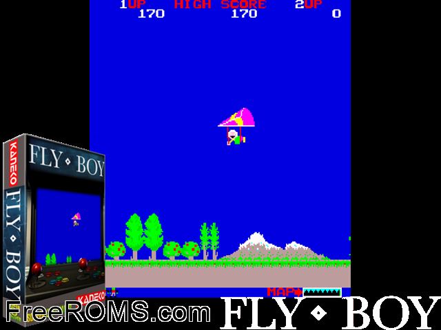 Fly-Boy (bootleg) MAME game showing 3D box cover and gameplay screenshot