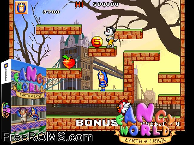 Fancy World - Earth of Crisis MAME game showing 3D box cover and gameplay screenshot