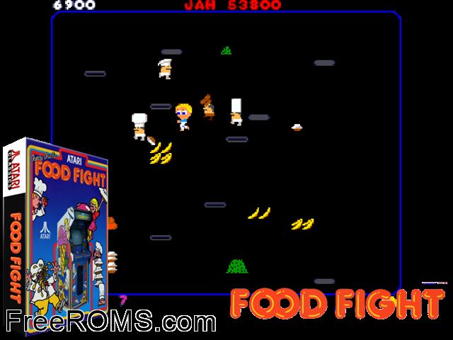 Food Fight (rev 3) MAME game showing 3D box cover and gameplay screenshot