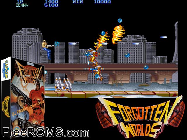 Forgotten Worlds (US) MAME game showing 3D box cover and gameplay screenshot