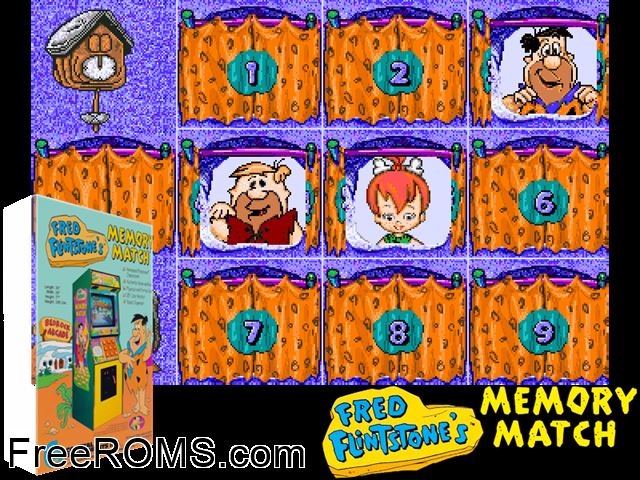 Fred Flintstones' Memory Match MAME game showing 3D box cover and gameplay screenshot