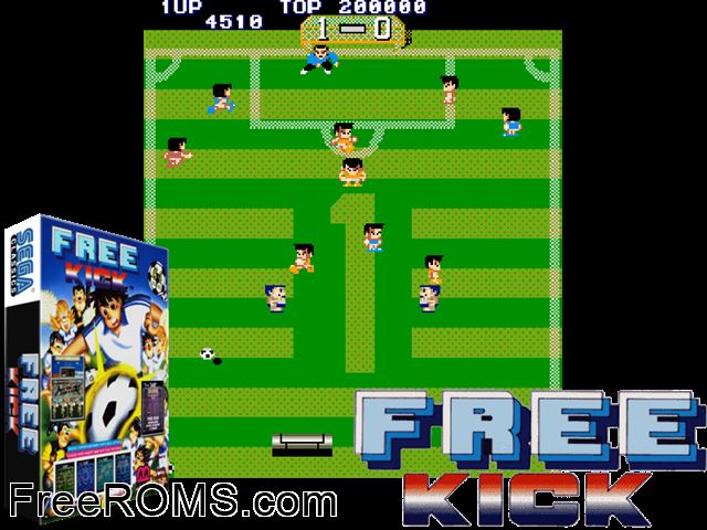 Free Kick (bootleg) MAME game showing 3D box cover and gameplay screenshot