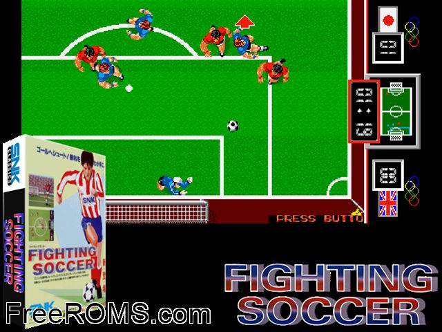 Fighting Soccer MAME game showing 3D box cover and gameplay screenshot