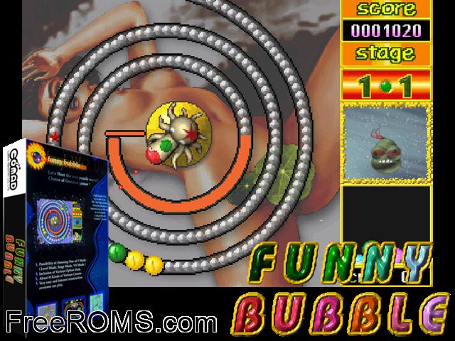 Funny Bubble MAME game showing 3D box cover and gameplay screenshot