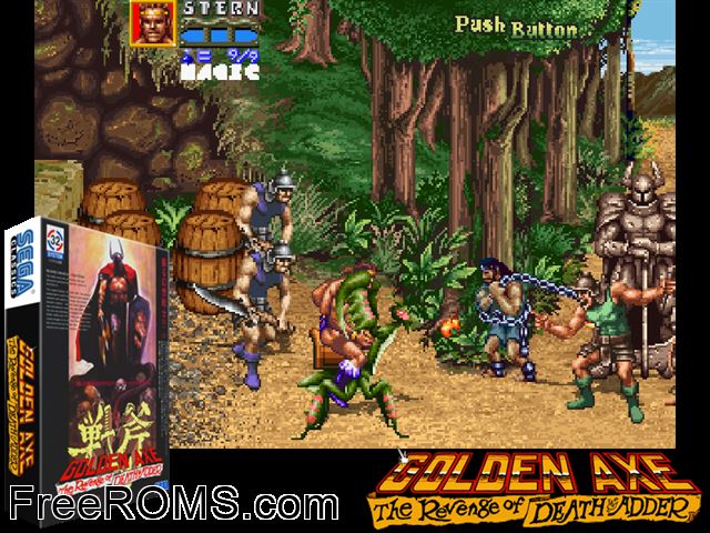Golden Axe: The Revenge of Death Adder (Japan) MAME game showing 3D box cover and gameplay screenshot