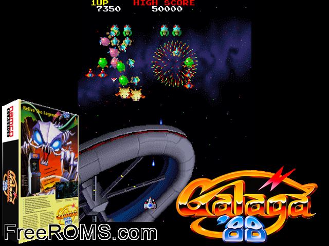 Galaga '88 MAME game showing 3D box cover and gameplay screenshot