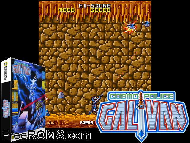 Galivan - Cosmo Police (12/11/1985) MAME game showing 3D box cover and gameplay screenshot