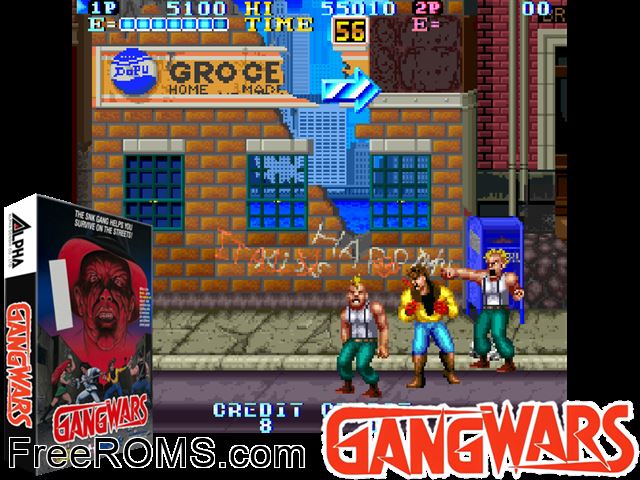 Gang Wars (US) MAME game showing 3D box cover and gameplay screenshot