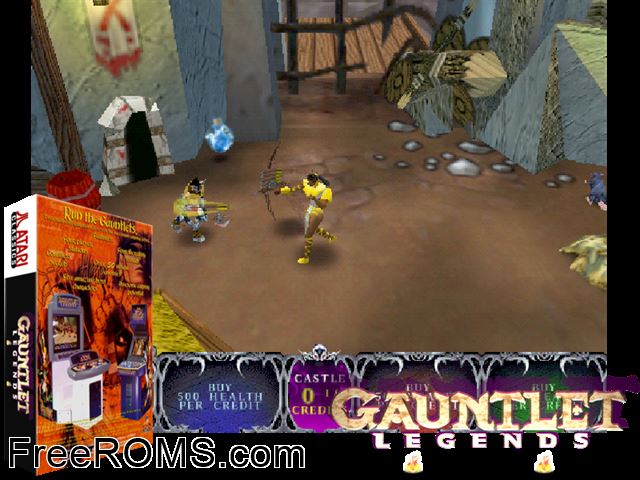 Gauntlet Legends (version 1.6) MAME game showing 3D box cover and gameplay screenshot
