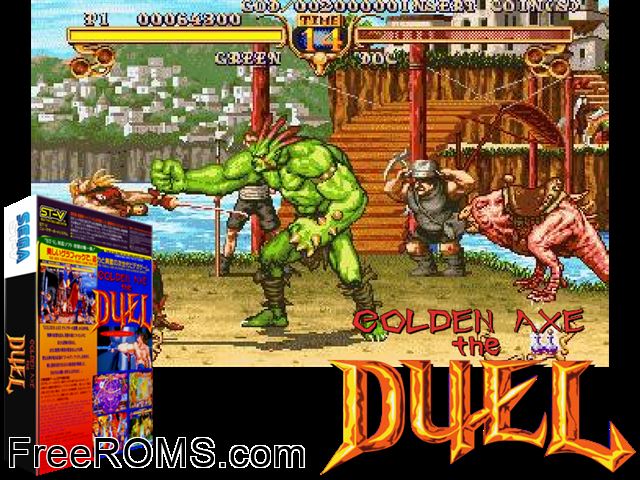 Golden Axe - The Duel (JUETL 950117 V1.000) MAME game showing 3D box cover and gameplay screenshot