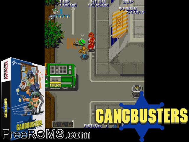 Gang Busters MAME game showing 3D box cover and gameplay screenshot