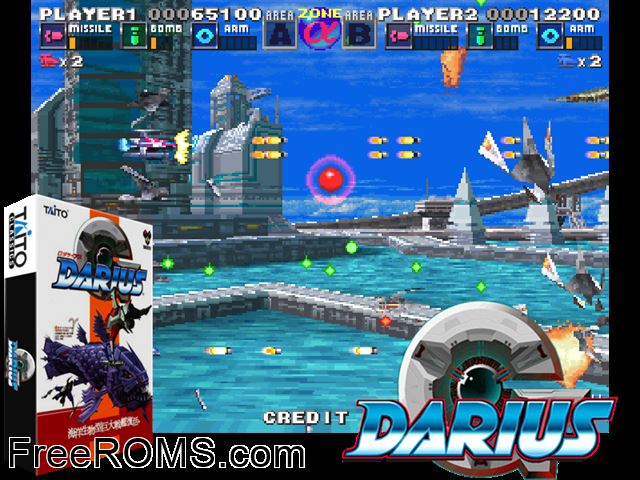 G-Darius (Ver 2.01J) MAME game showing 3D box cover and gameplay screenshot
