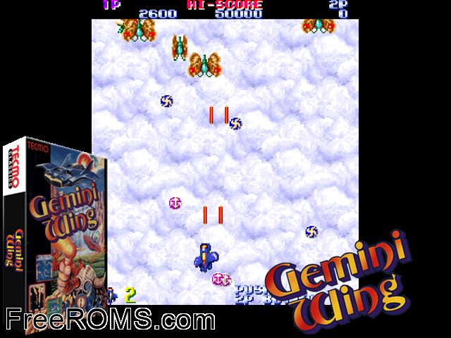 Gemini Wing MAME game showing 3D box cover and gameplay screenshot
