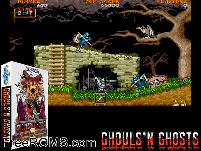Ghouls'n Ghosts (World) MAME game showing 3D box cover and gameplay screenshot
