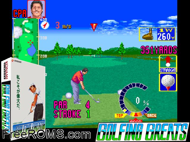 Golfing Greats (Japan) MAME game showing 3D box cover and gameplay screenshot