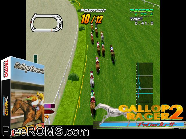 Gallop Racer 2 (USA) MAME game showing 3D box cover and gameplay screenshot