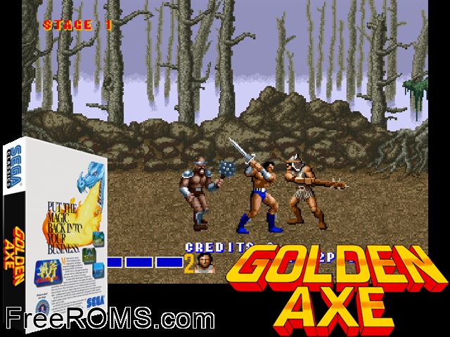 Golden Axe (bootleg) MAME game showing 3D box cover and gameplay screenshot