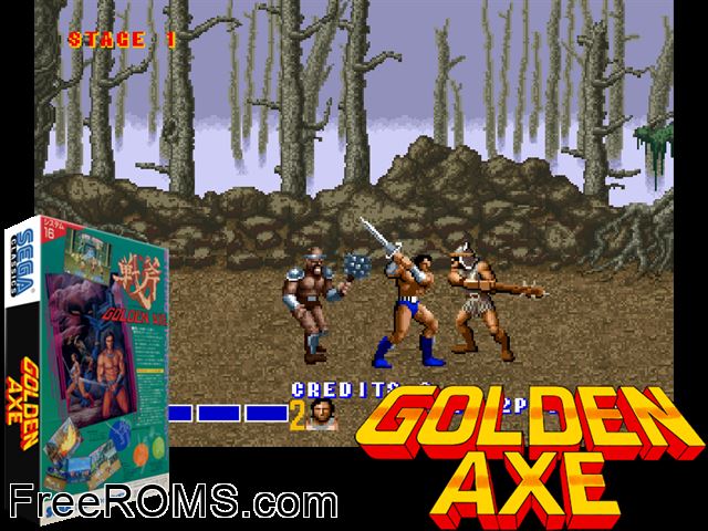 Golden Axe (set 3, World, FD1094 317-0120) MAME game showing 3D box cover and gameplay screenshot
