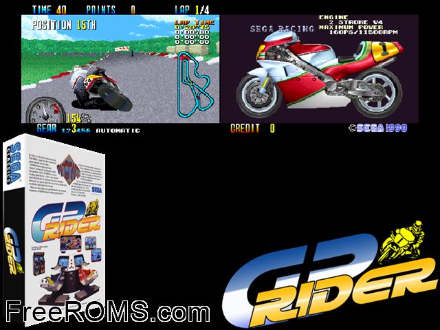 GP Rider (set 2, FD1094 317-0163) MAME game showing 3D box cover and gameplay screenshot
