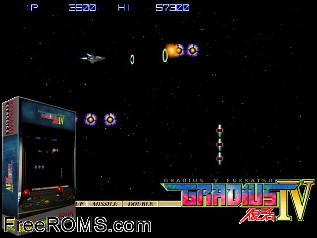 Gradius 4: Fukkatsu MAME game showing 3D box cover and gameplay screenshot