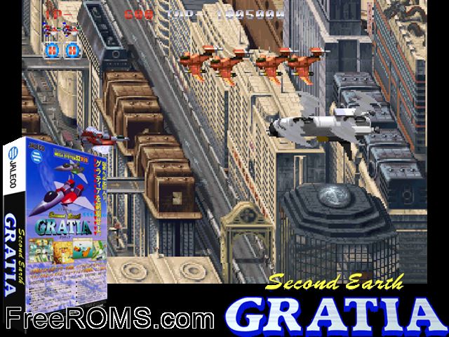 Gratia - Second Earth (91022-10 version) MAME game showing 3D box cover and gameplay screenshot