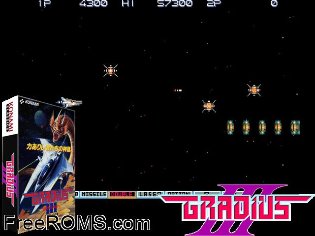 Gradius III (World ?) MAME game showing 3D box cover and gameplay screenshot
