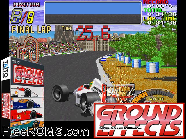 Ground Effects / Super Ground Effects (Japan) MAME game showing 3D box cover and gameplay screenshot