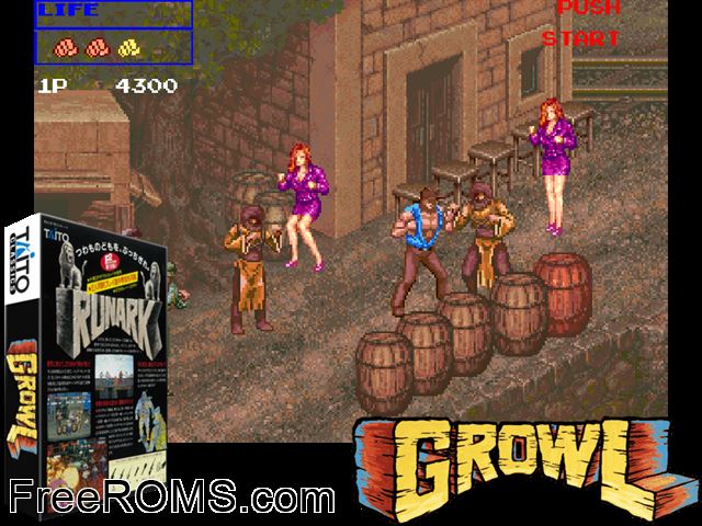 Growl (US) MAME game showing 3D box cover and gameplay screenshot