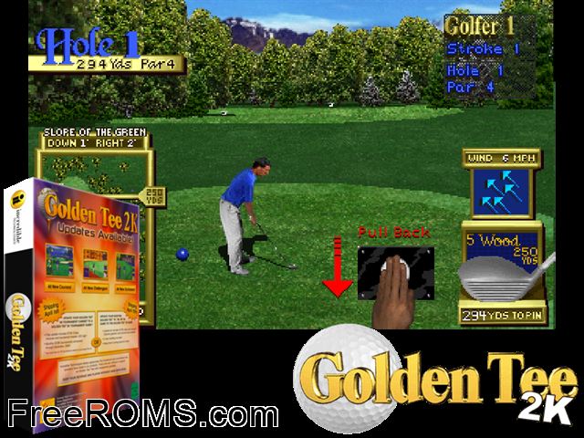 Golden Tee 2K (v1.00S) MAME game showing 3D box cover and gameplay screenshot