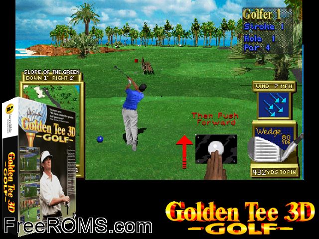 Golden Tee 3D Golf Tournament (v2.11) MAME game showing 3D box cover and gameplay screenshot