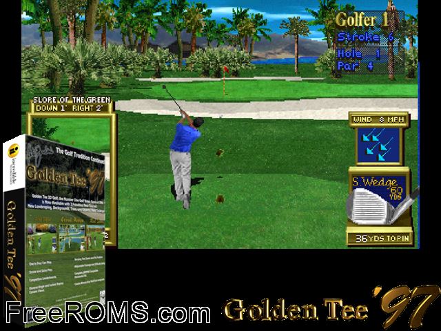 Golden Tee '97 Tournament (v2.40) MAME game showing 3D box cover and gameplay screenshot