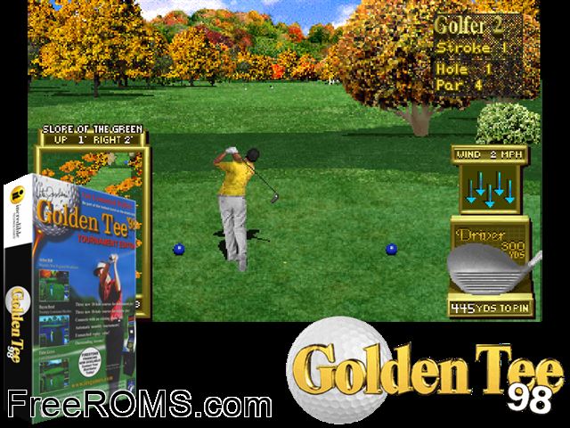 Golden Tee '98 (v1.00) MAME game showing 3D box cover and gameplay screenshot