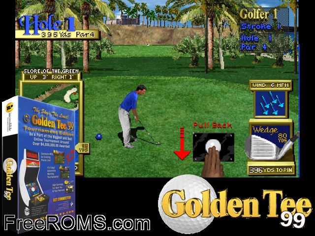 Golden Tee '99 (v1.00S) MAME game showing 3D box cover and gameplay screenshot