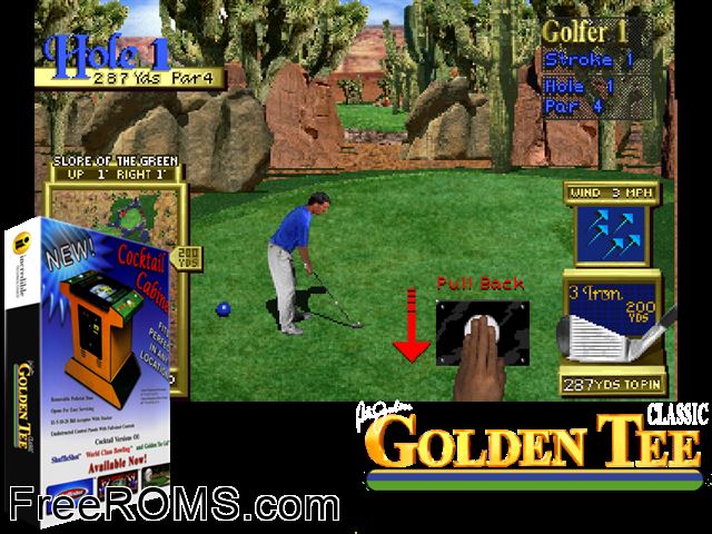 Golden Tee Classic (v1.00) MAME game showing 3D box cover and gameplay screenshot