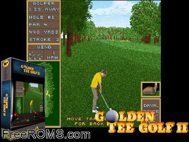 Golden Tee Golf II (Trackball, V2.2) MAME game showing 3D box cover and gameplay screenshot
