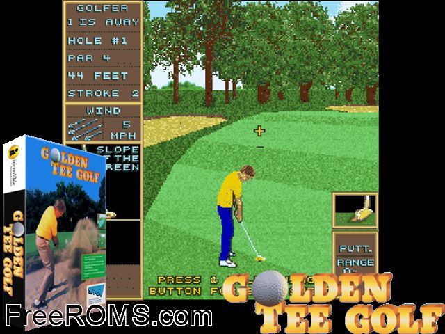 Golden Tee Golf (Trackball, v1.0) MAME game showing 3D box cover and gameplay screenshot
