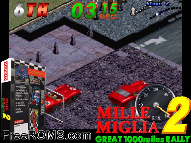 Mille Miglia 2: Great 1000 Miles Rally (95/05/24) MAME game showing 3D box cover and gameplay screenshot