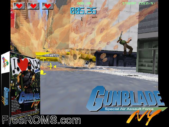 Gunblade NY MAME game showing 3D box cover and gameplay screenshot