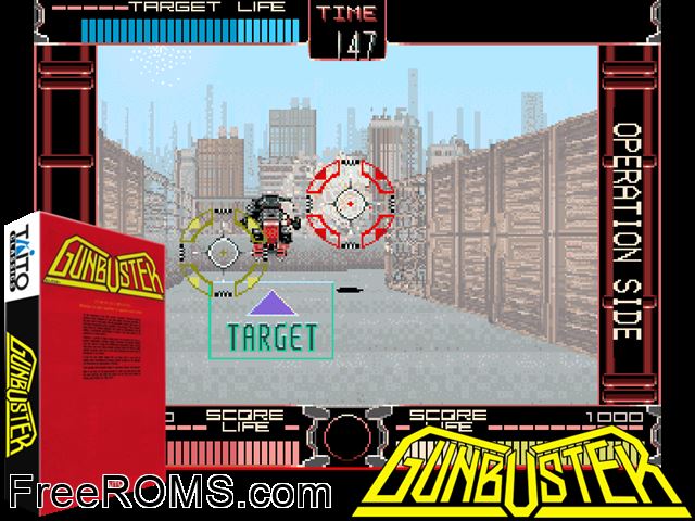 Gunbuster (Japan) MAME game showing 3D box cover and gameplay screenshot